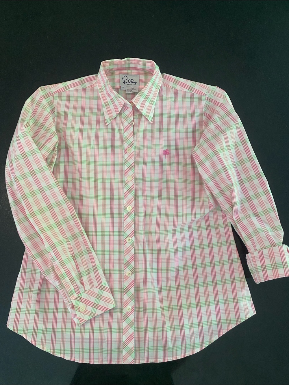 Vtg Lilly Pulitzer Plaid Button Down Shirt Blouse Cotton Pink Green Palm Tree 12